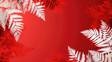 Red abstract background or screensaver in the form of white ferns. AI generative.の素材
