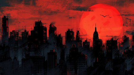 Sunset in a sinful city. Red and black illustration. AI generative.の素材