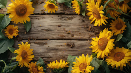 Sunflower frame on a wooden background. AI generative.の素材