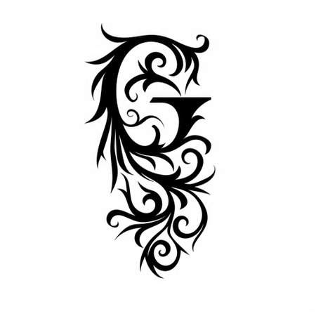 The black simple tattoo in the form of the letter G from the ornament in gothic style on a white background. AI generative.の素材