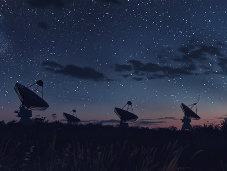 Several radio telescopes against the backdrop of the starry sky. AI generative.の素材