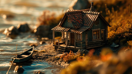 Small old wooden house and a boat on the river bank. Rest outside the city. Relax.の素材