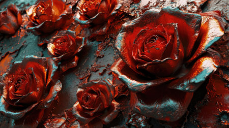 Black and red backdrop of roses. Romantic theme. AI generative.の素材