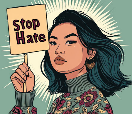 Illustration of an Asian woman with a sign "stop hate." AI generative.の素材