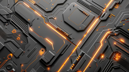 Gray-orange abstract background or PC wallpaper in cyber ship hull style. AI generative.の素材