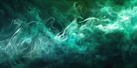 Horizontal stream of pale greenish-blue toxic smoke on a dark background. Background or wallpaper. AI generative.の素材