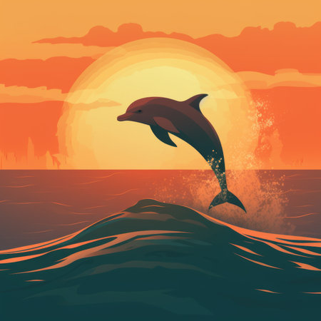 Dolphin against the backdrop of sunset. Illustration on the theme of rest and relaxation. AI generative.の素材