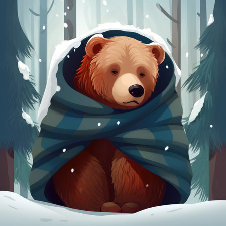 Illustration of a bear in a blanket in a winter forest. Heat retention. AI generative.の素材