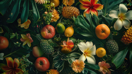 Background of tropical flowers and fruits. Top view. AI generative.の素材