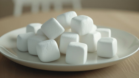White square marshmallow on a plate in close-up. AI generative.の素材