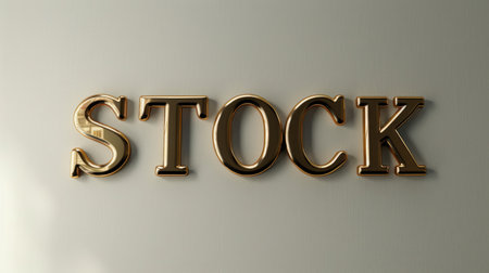 The inscription "STOCK" in golden letters on a clean white wall. AI generative.の素材