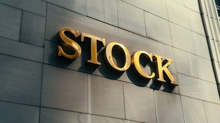 The inscription "STOCK" in golden letters on a clean white wall. AI generative.の素材