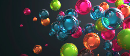 Colored transparent balls on a dark gray background. Abstract background or screensaver for a 34-inch widescreen monitor. AI generative.の素材