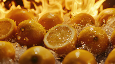 Flaming lemons in fire and heat close-up. AI generative.の素材