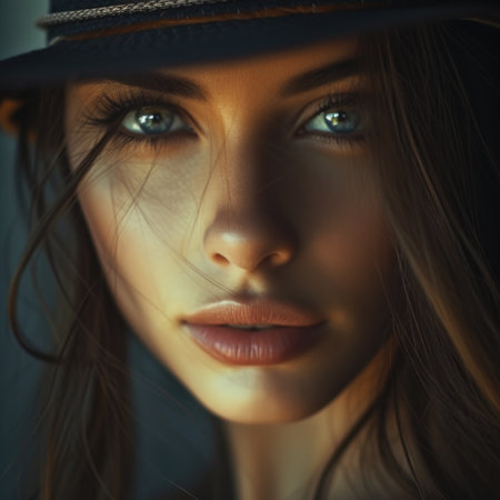 A young beautiful woman in a close-up shot wearing a hat. Cinematic. AI generative.の素材