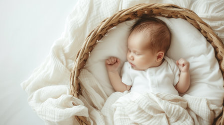 A baby in a woven basket with white sheets. AI generative.の素材