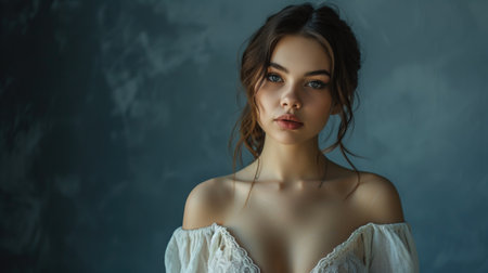 A young, beautiful woman in a light muslin dress with a deep neckline. Poses as a model. AI generative.の素材