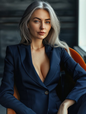 A woman with gray hair and blue eyes in a strict dark blue suit with a deep neckline sits in a chair against the backdrop of an office. Business style. Cinematic. AI generative.の素材