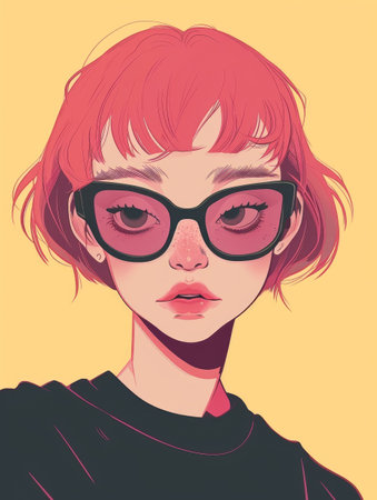 Teenager with glasses and raspberry hair. AI generative.の素材