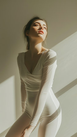 Young beautiful woman in nylon tights full-length. Fashion and style. AI generative.の素材