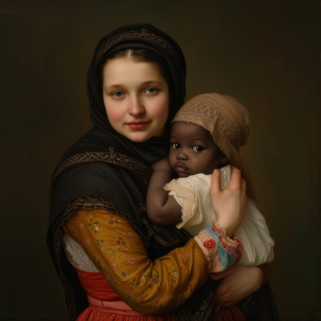 European woman holds a black baby in her arms. AI generative.の素材