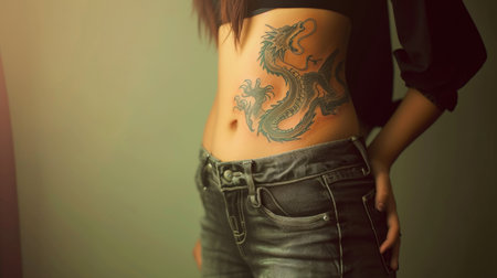 Woman with a dragon tattoo on her stomach. Body art. AI generative.の素材