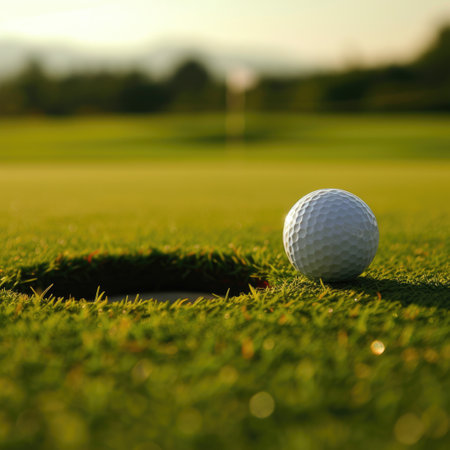 A golf ball on the grass near the hole. AI generative.の素材