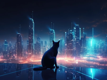Cyber cat against the backdrop of a futuristic city. AI generative.の素材