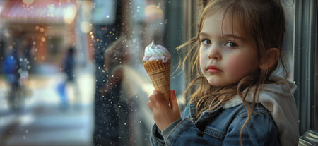 Little girl with ice cream in hand. AI generative.の素材