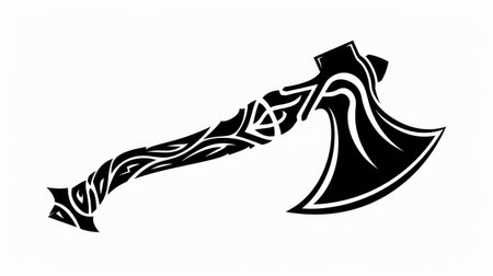The black simple tattoo in the form of an ax on a white background. AI generative.の素材