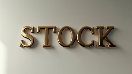 The inscription "STOCK" in golden letters on a clean white wall. AI generative.の素材