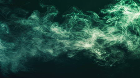 Horizontal stream of pale greenish-blue toxic smoke on a dark background. Background or wallpaper. AI generative.の素材