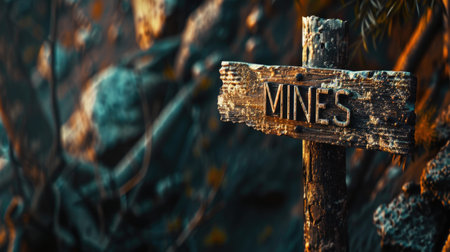 The inscription "MINES" on a wooden signboard. AI generative.の素材