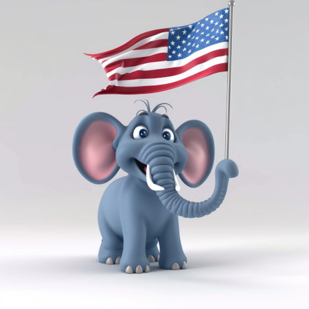 Cartoon elephant with American flag, patriotic animal characterの素材