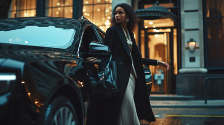 A woman in modest clothing near an expensive black car. Hidden wealth. AI generative.の素材