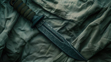 Tactical military knife on green-gray canvas. AI generative.の素材