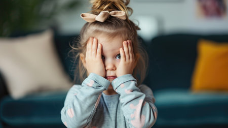 The little girl covers her eyes with her hands playing hide and seek at home. AI generative.の素材