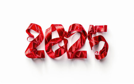 Number 2025 made of red ribbons on a white background. AI generative.の素材