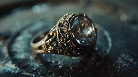 An ornate ring with a large gemstone, placed on a textured surface, exuding vintage charm.の素材