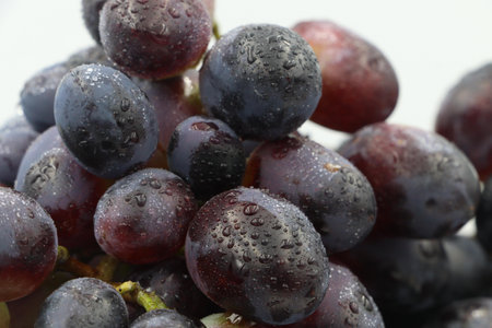 A pile of fresh black grapes with a close-up focus.の写真素材