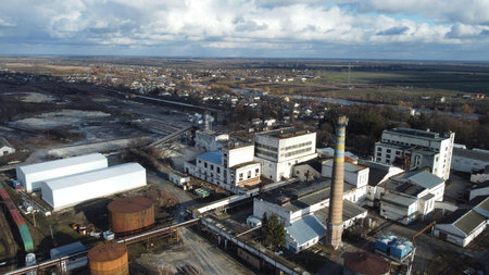 Aerial shot of an industrial area with factory buildings.の写真素材