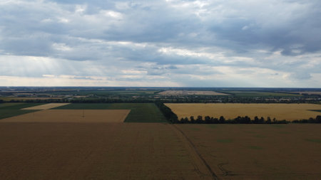 Fields, sky and landscape from above.の写真素材
