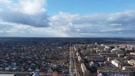 Aerial view of a city center with streets and buildings.の写真素材