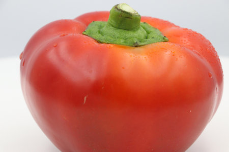 A fresh red bell pepper on a white background.の写真素材