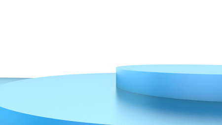 A minimalist 3D render featuring abstract blue cylindrical display stands against a clean white background. This versatile graphic resource is ideal for product mockups, presentations, advertising, and digital design projects.の写真素材
