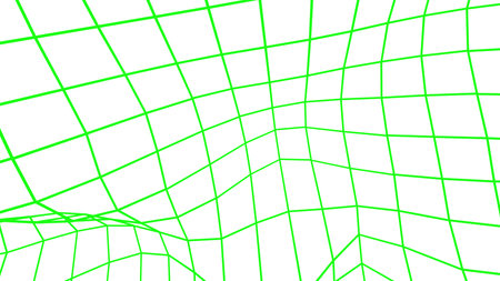 An abstract green wireframe grid distorts across a clean white background, creating a dynamic and...