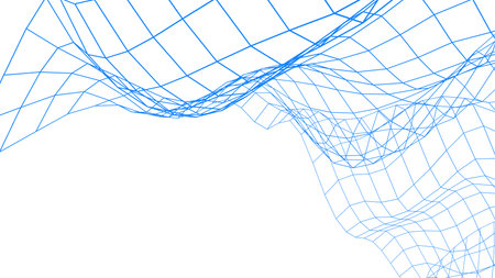 An abstract blue wireframe grid creates a dynamic, undulating pattern against a clean white...