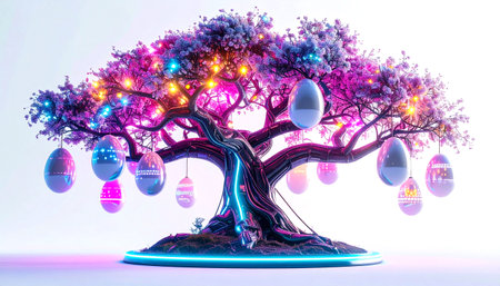 A vibrant, stylized tree adorned with glowing neon lights and futuristic Easter eggs, set against a bright background. This eye-catching illustration is ideal for holiday promotions, digital backgrounds, or event invitations.の素材