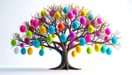 A stylized tree with bare branches is beautifully decorated with numerous glossy, brightly colored Easter eggs. This vibrant illustration is ideal for holiday promotions, greeting cards, or spring-themed digital content.の素材