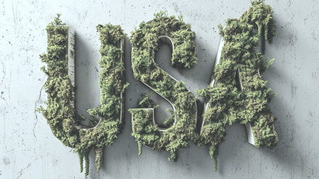 The letters 'USA' are rendered in 3D, covered with vibrant green moss and set against a textured concrete background. This image is ideal for themes related to environmentalism, sustainability, national identity, or ecological initiatives in the United States.の素材